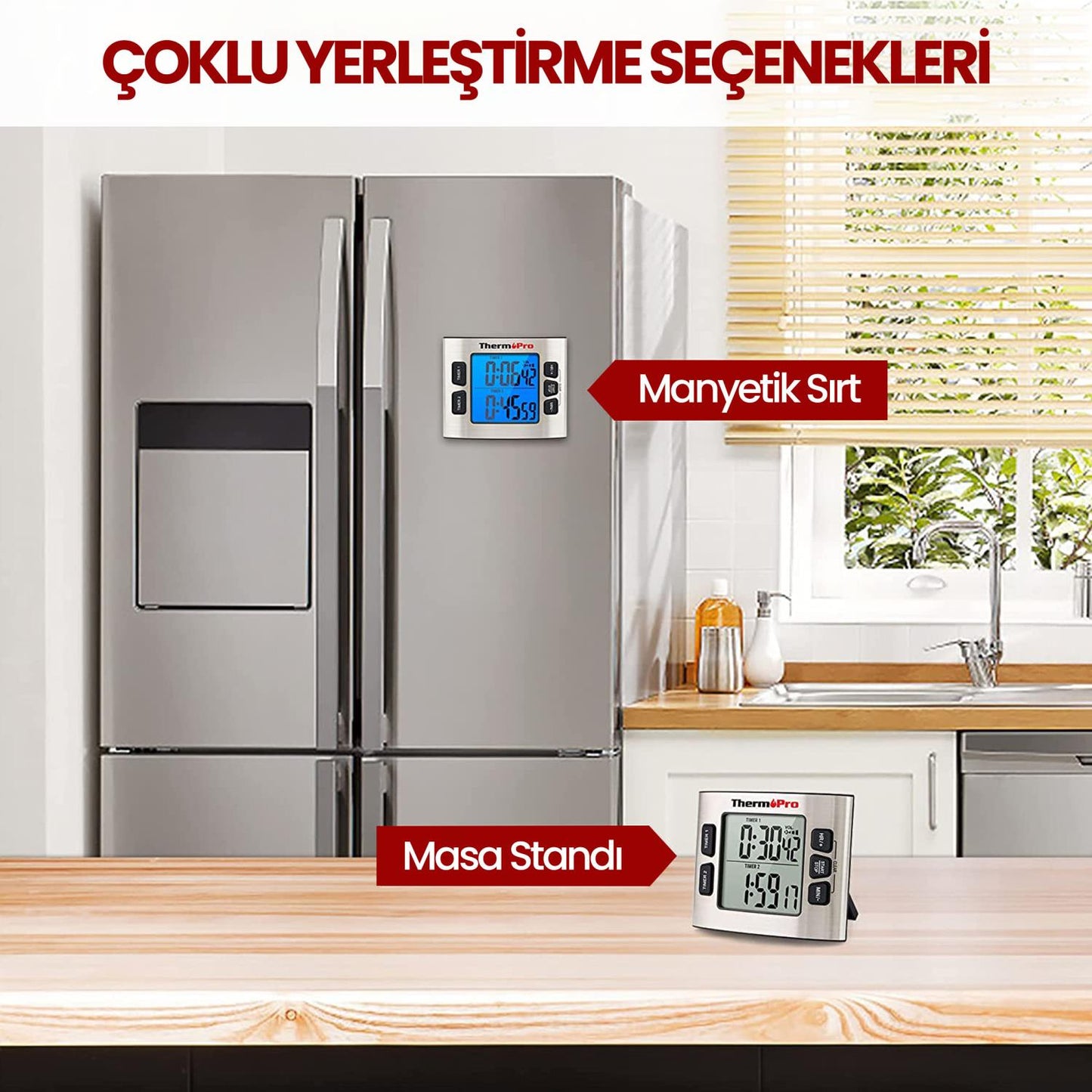 ThermoPro TM02 Mutfak, Spor, Ders için Alarmlı, Işıklı, Çift Geri Sayımlı Kronometre ve Dijital Saat