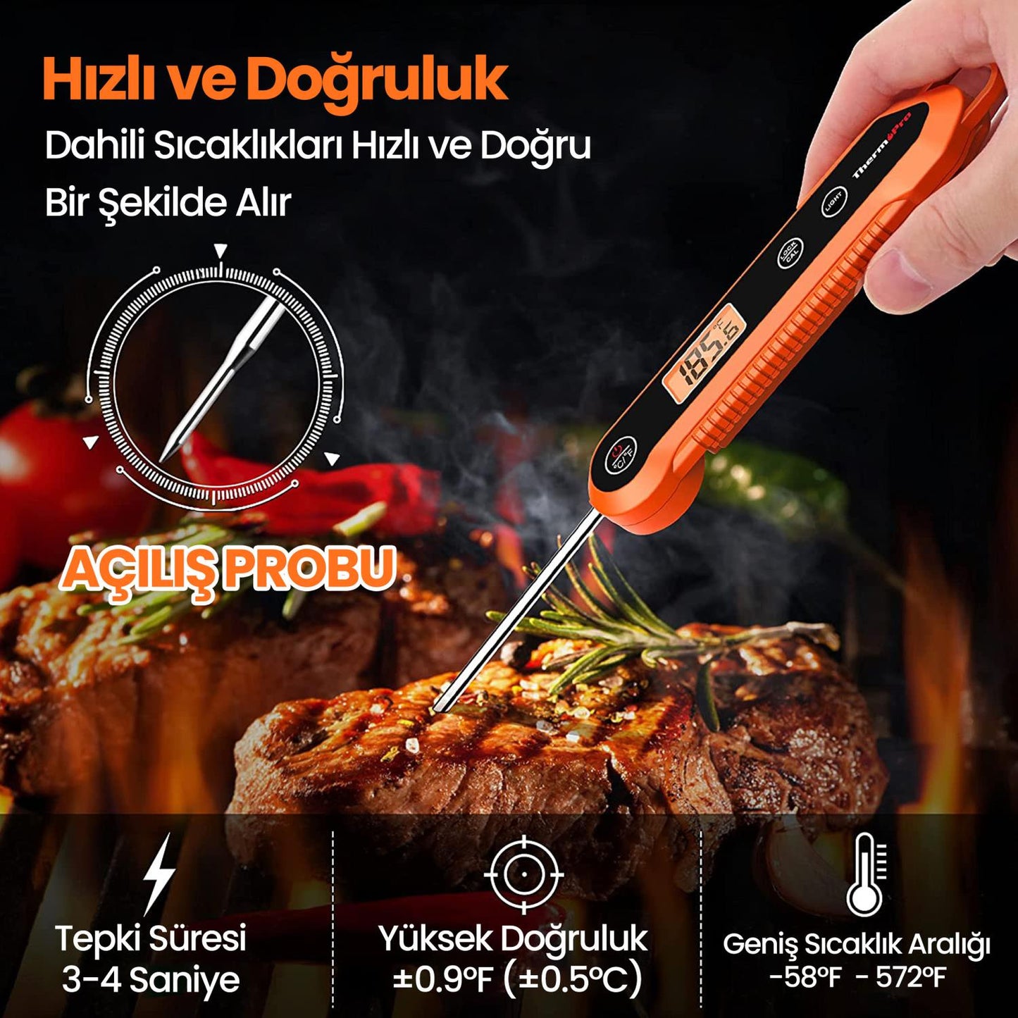 ThermoPro TP03H Su Geçirmez Katlanabilir Hızlı Sonuç Gıda Pişirme Termometresi