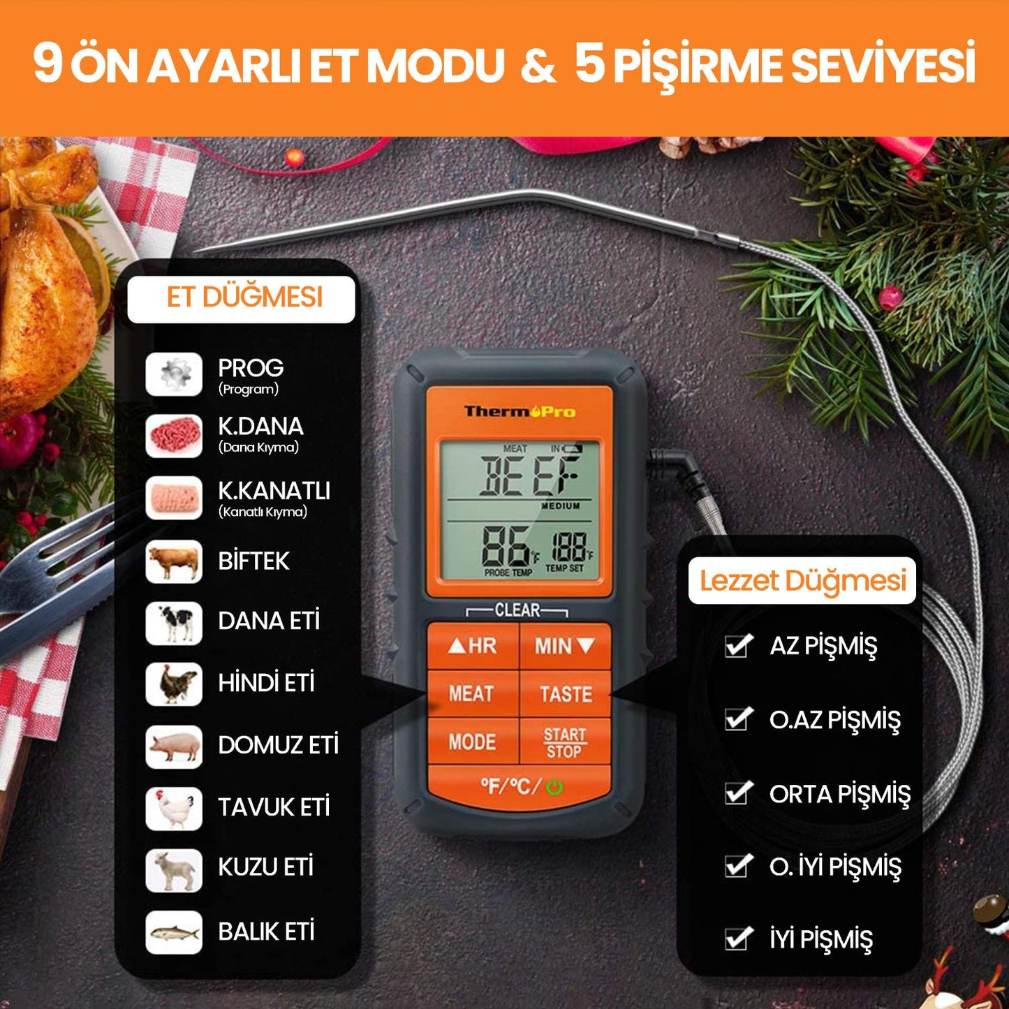 ThermoPro TP06B Çelik Proplu Dijital Profesyonel Gıda Pişirme Termometresi