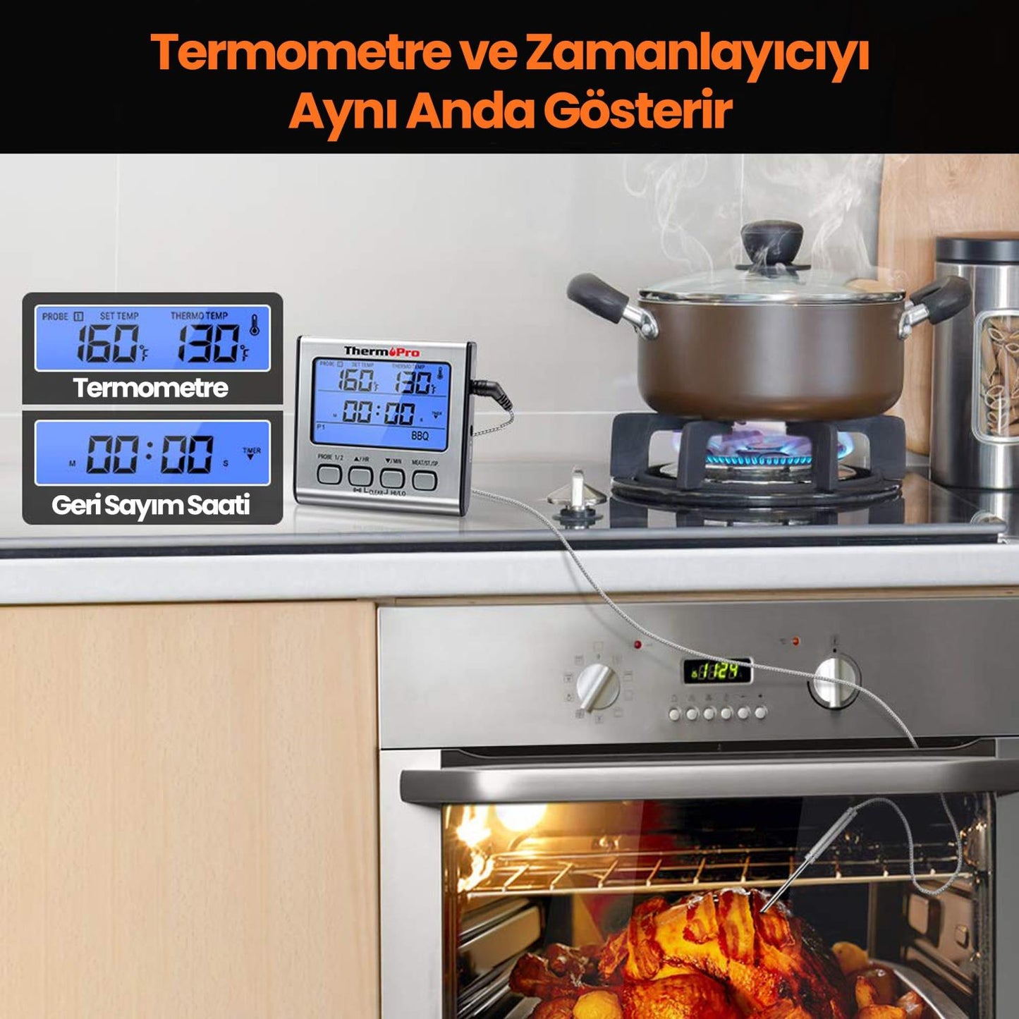 ThermoPro TP17 Alarmlı, Aydınlatmalı, Çift Çelik Problu ve Profesyonel Gıda Pişirme Termometresi