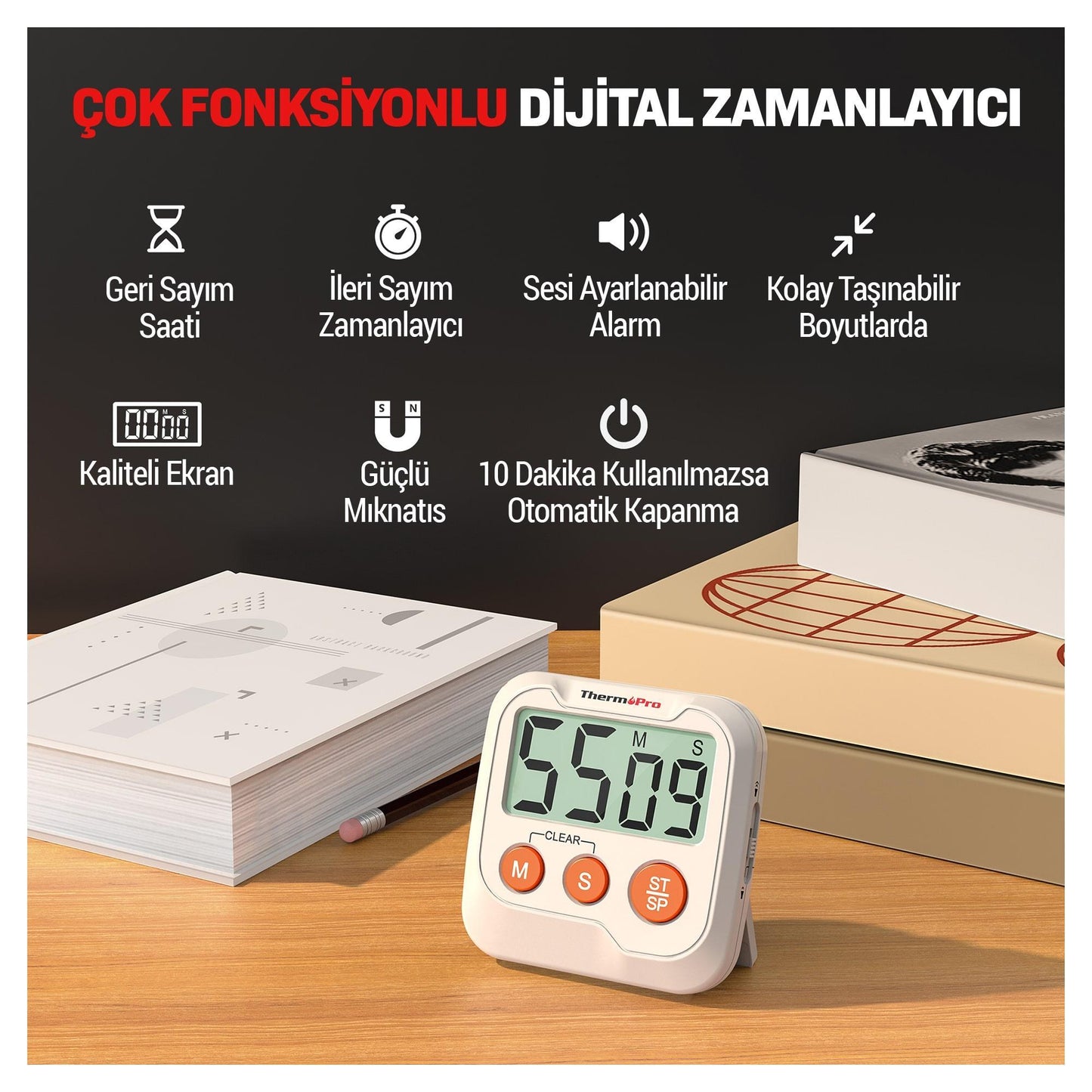 ThermoPro TM03 Mutfak, Spor, Ders için Alarmlı, Geri Sayımlı Kronometre