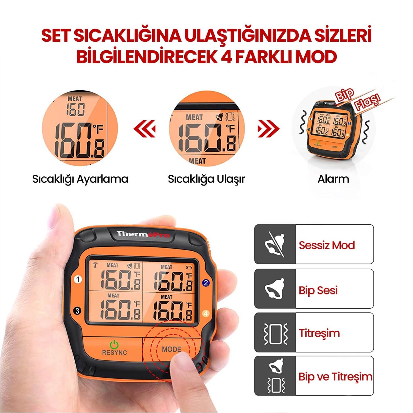 ThermoPro TP27C Alarmlı, Işıklı, Kablosuz 150m Menzilli ve 4 Problu Profesyonel Frın Termometresi