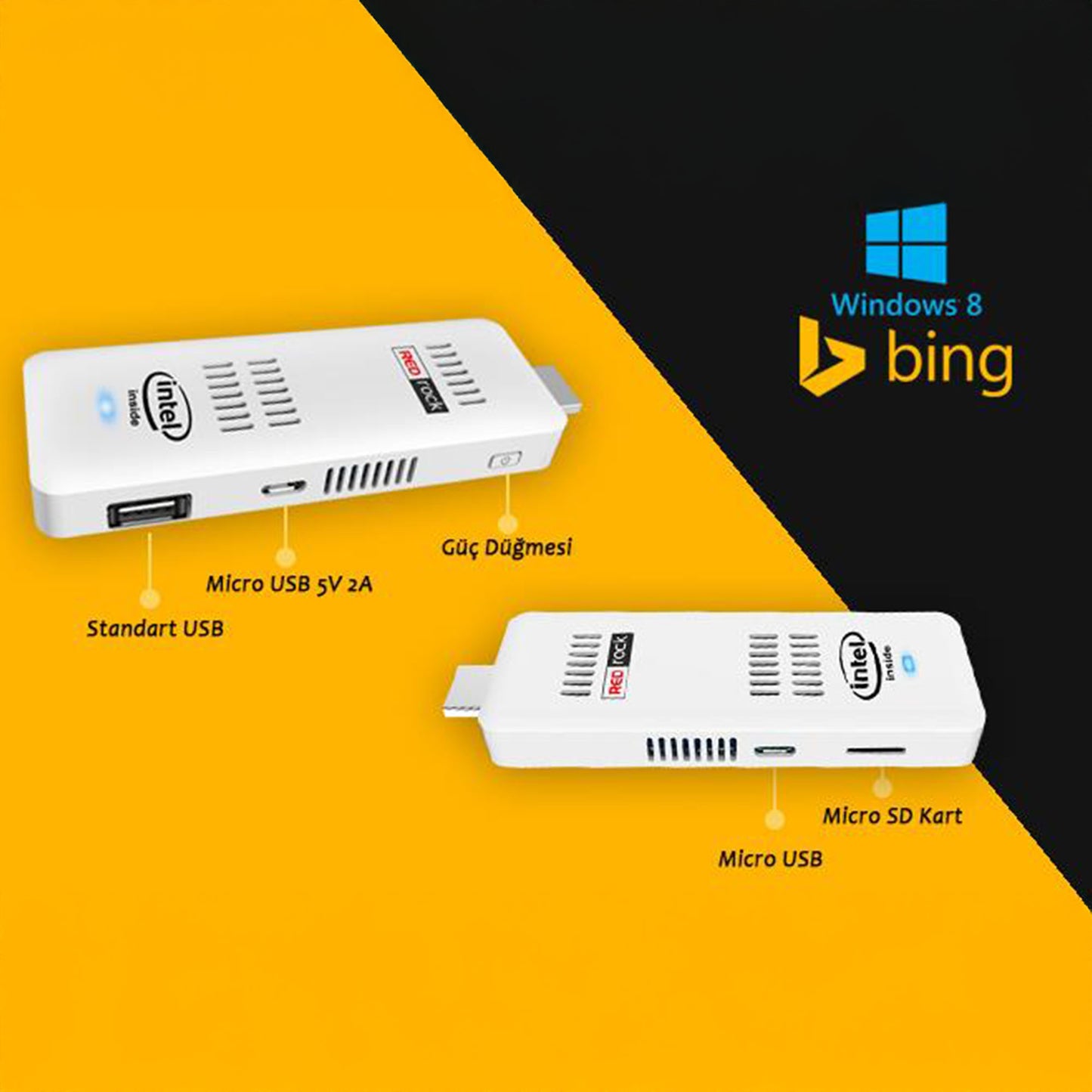 REDROCK PST232W Quad Core (4C/4T) 2 GB 32GB Win8 Bing Beyaz Mini Bilgisayar