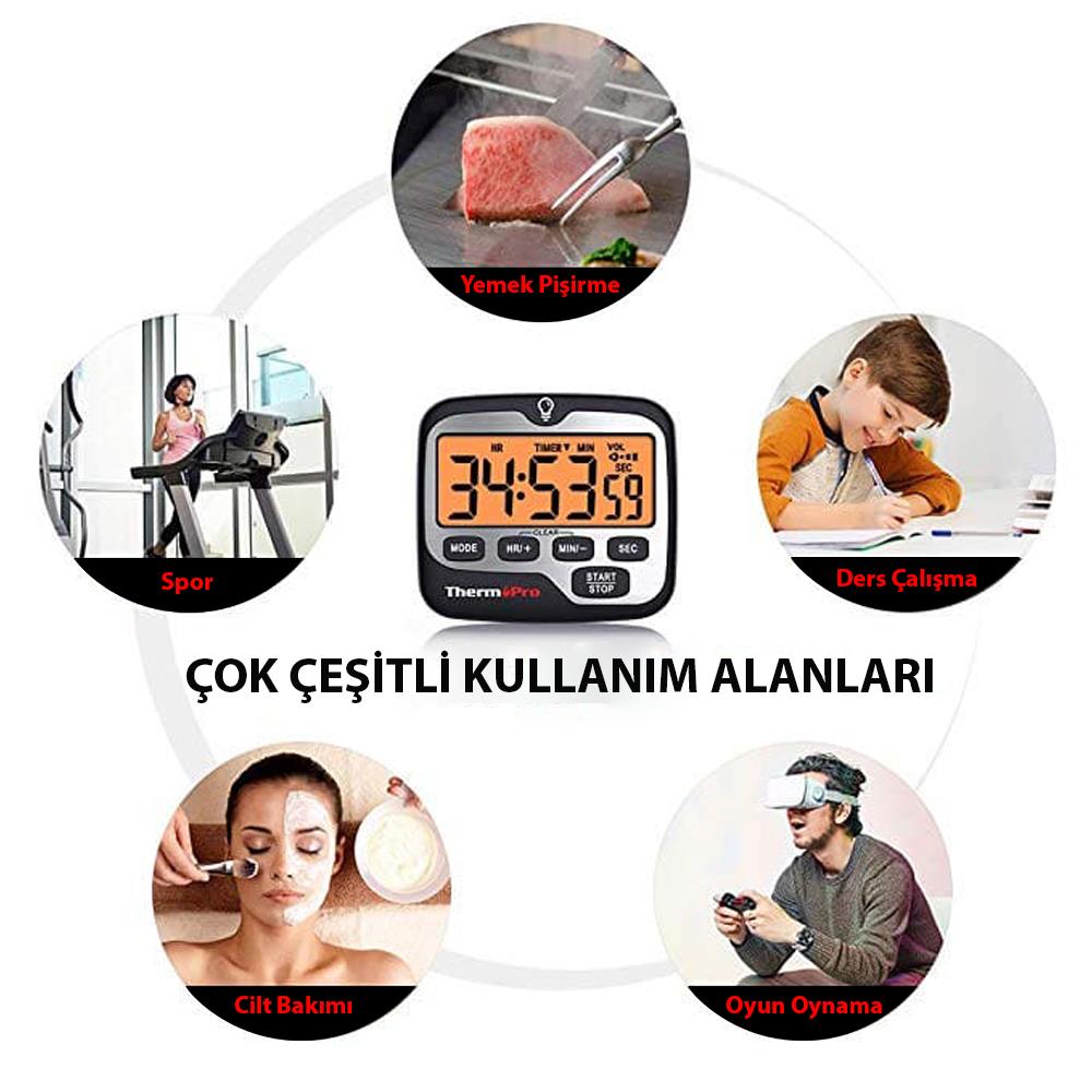 Thermopro TM01 Mutfak,Spor, Ders Alarmlı Işıklı Kronometre, Geri Sayım Sayacı ve Dijital Saat