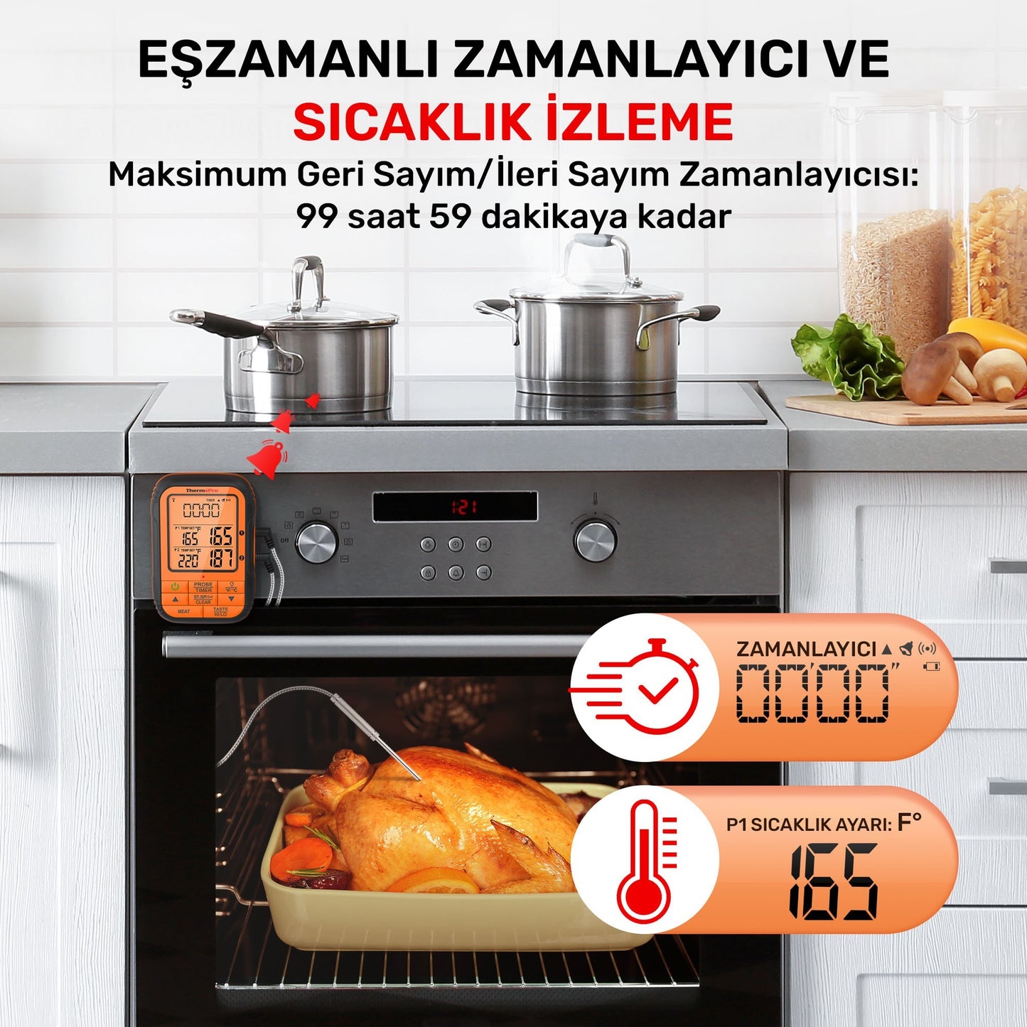 ThermoPro TP28C 2Problu Zamanlayıcılı 150m Kablosuz Barbekü/Mangal Profesyonel Pişirme Termometresi