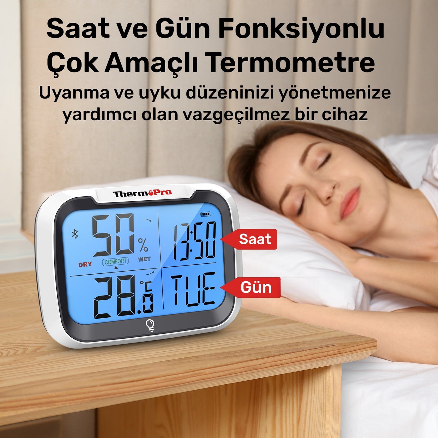 ThermoPro TP393B 7" Wi-Fi İç ve Dış Mekan Sıcaklık, Nem, Basınç Ölçer Geniş Ekranlı Termometre