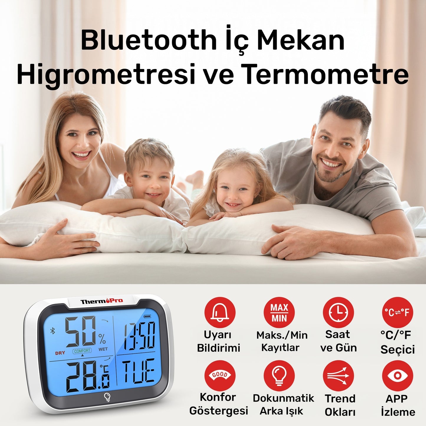 ThermoPro TP393B 7" Wi-Fi İç ve Dış Mekan Sıcaklık, Nem, Basınç Ölçer Geniş Ekranlı Termometre