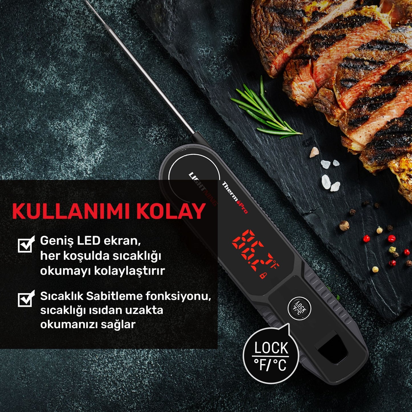 Thermopro TP622 Daldırma/Saplama Izgara/Barbekü/Mangal Et Gıda ölçme Pişirme Termometresi