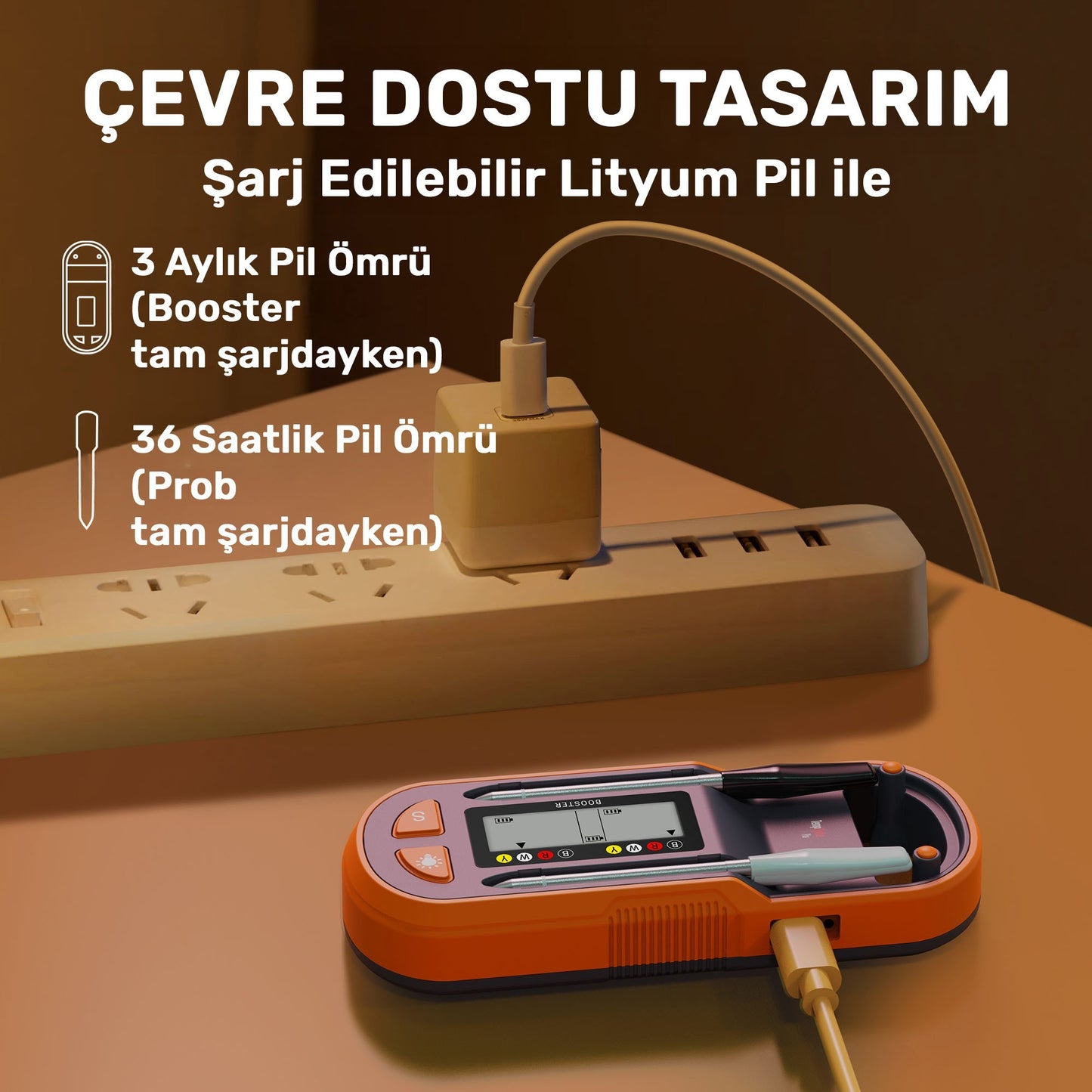 Thermopro TP972 Şarjlı 182m Kablosuz Alarmlı 2Problu Telefon Kontrollü Profesyonel Gıda Termometresi