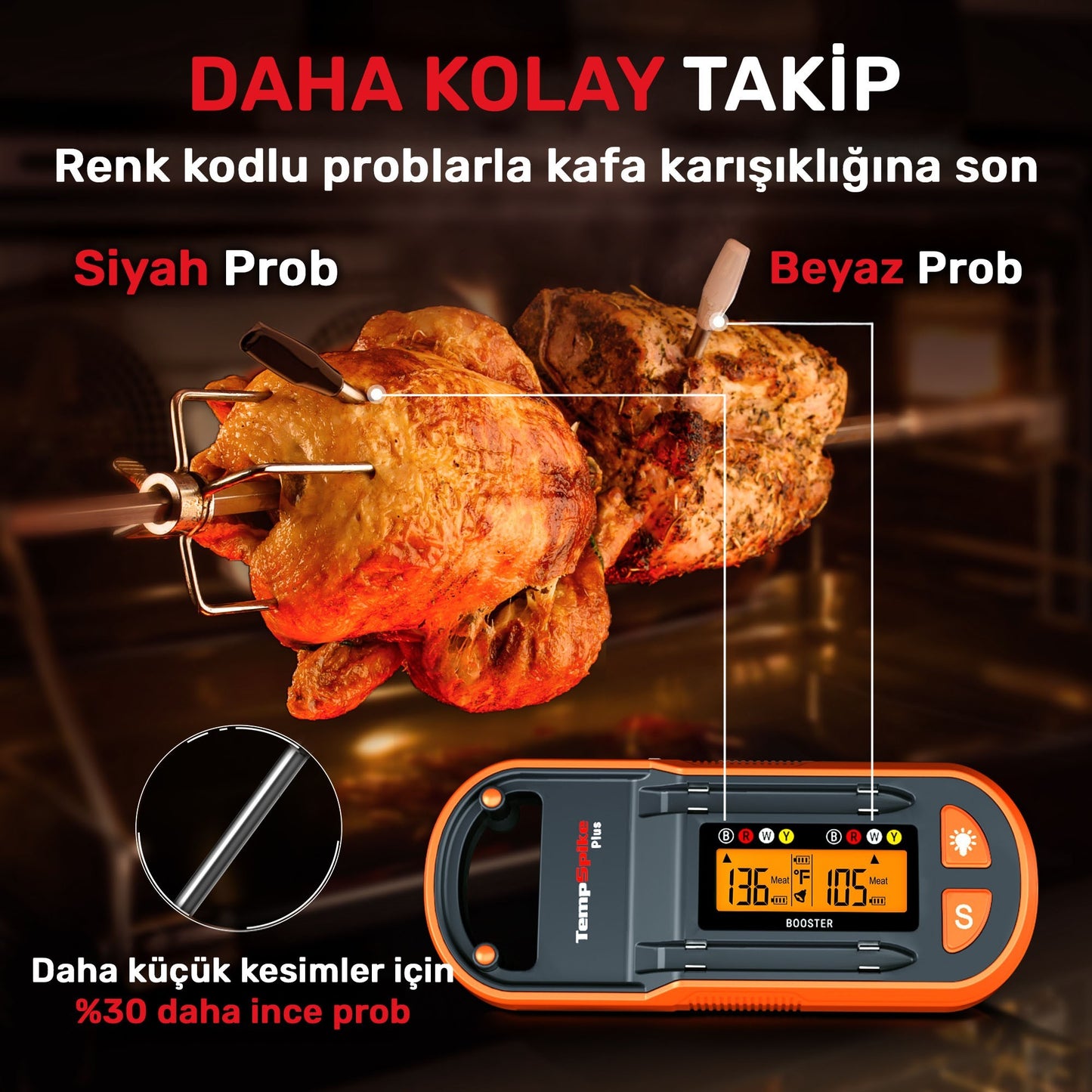 Thermopro TP972 Şarjlı 182m Kablosuz Alarmlı 2Problu Telefon Kontrollü Profesyonel Gıda Termometresi