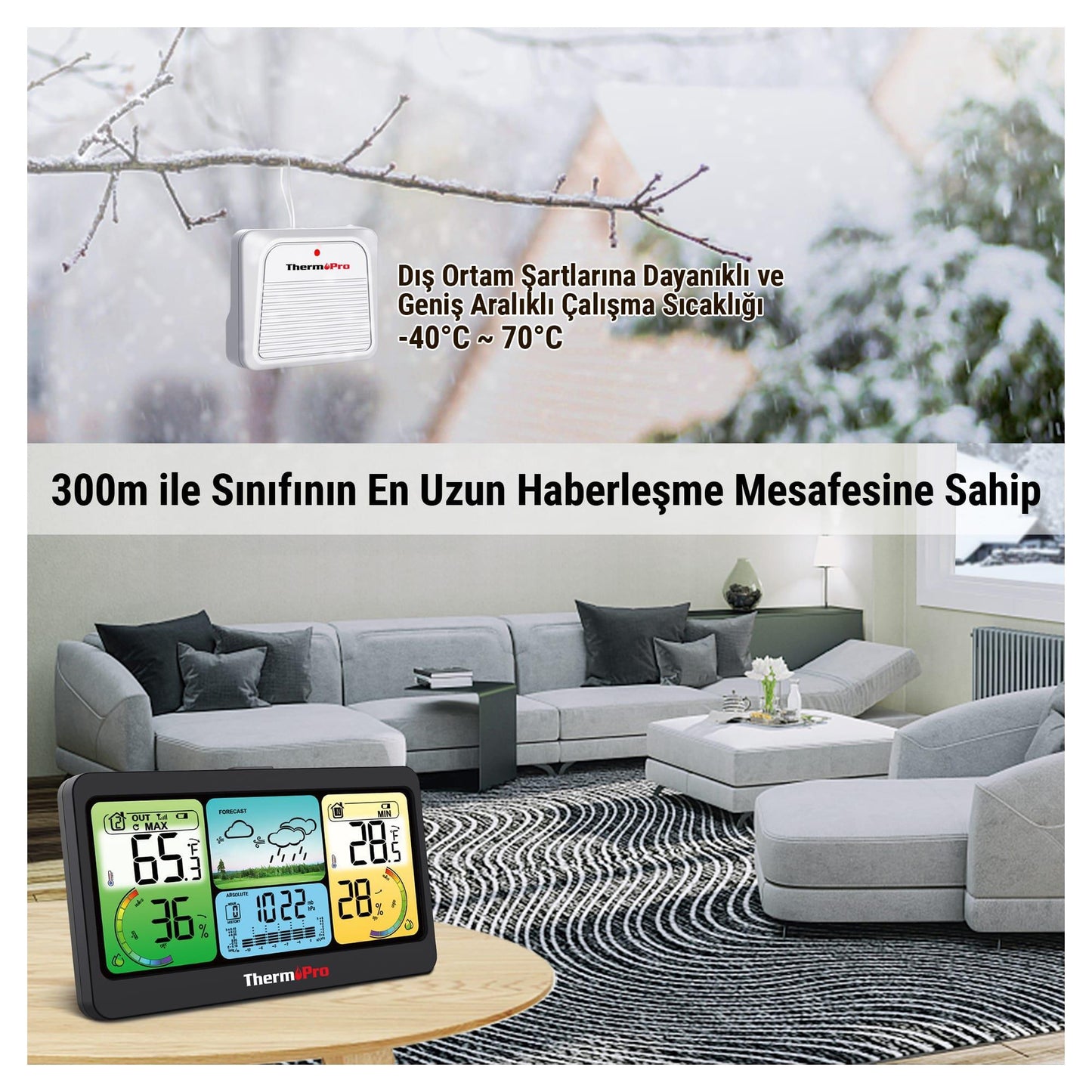 ThermoPro TP280B 7" Wi-Fi İç ve Dış Mekan Dijital Sıcaklık, Nem, Basınç Ölçer ve Hava Tahmin İstasyonu