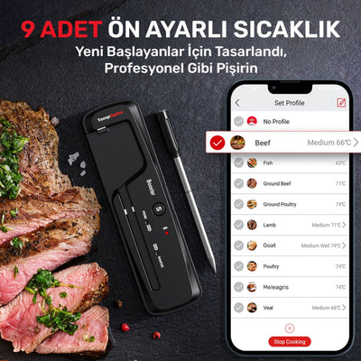 Thermopro TP961 Şarjlı 150m Kablosuz Alarmlı 1Problu Telefon Kontrollü Profesyonel Gıda Termometresi