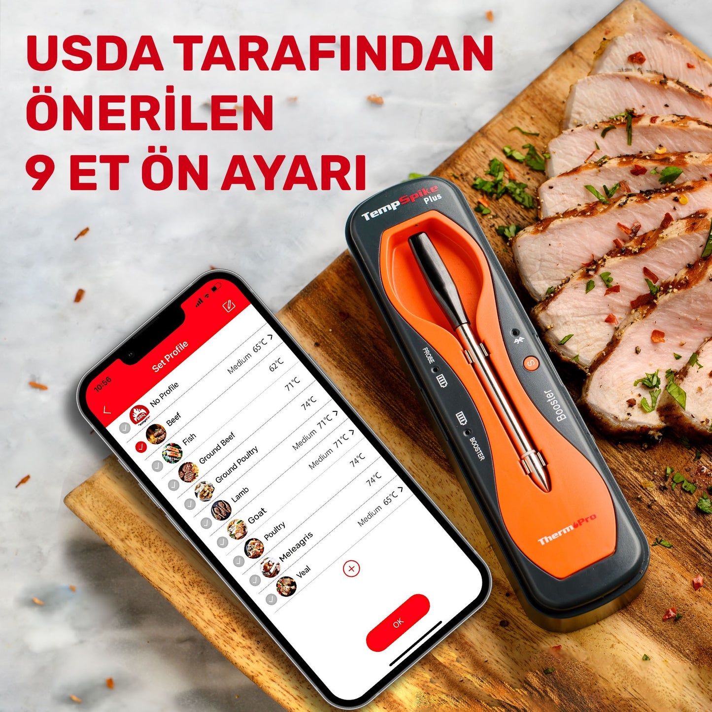 Thermopro TP970 Şarjlı 182m Kablosuz Alarmlı 1Problu Telefon Kontrollü Profesyonel Gıda Termometresi