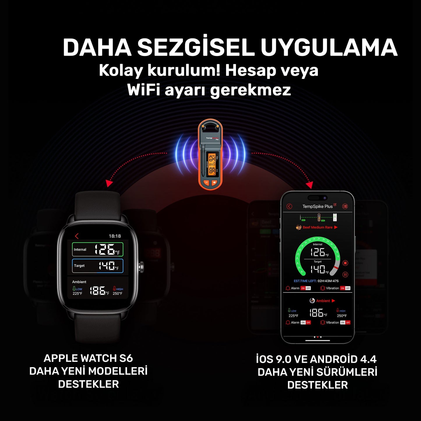 Thermopro TP971 Şarjlı 183m Kablosuz Alarmlı 1Problu Telefon Kontrollü Profesyonel Gıda Termometresi