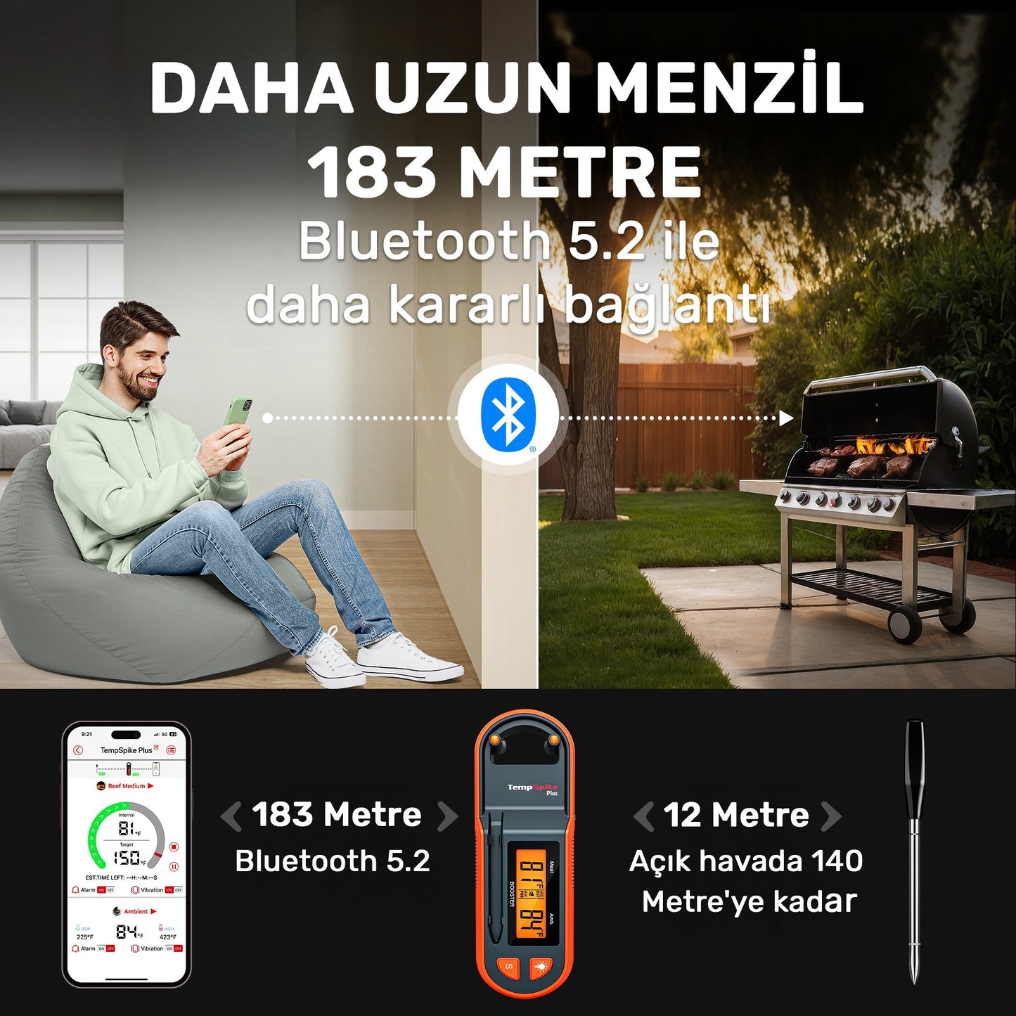 Thermopro TP971 Şarjlı 183m Kablosuz Alarmlı 1Problu Telefon Kontrollü Profesyonel Gıda Termometresi