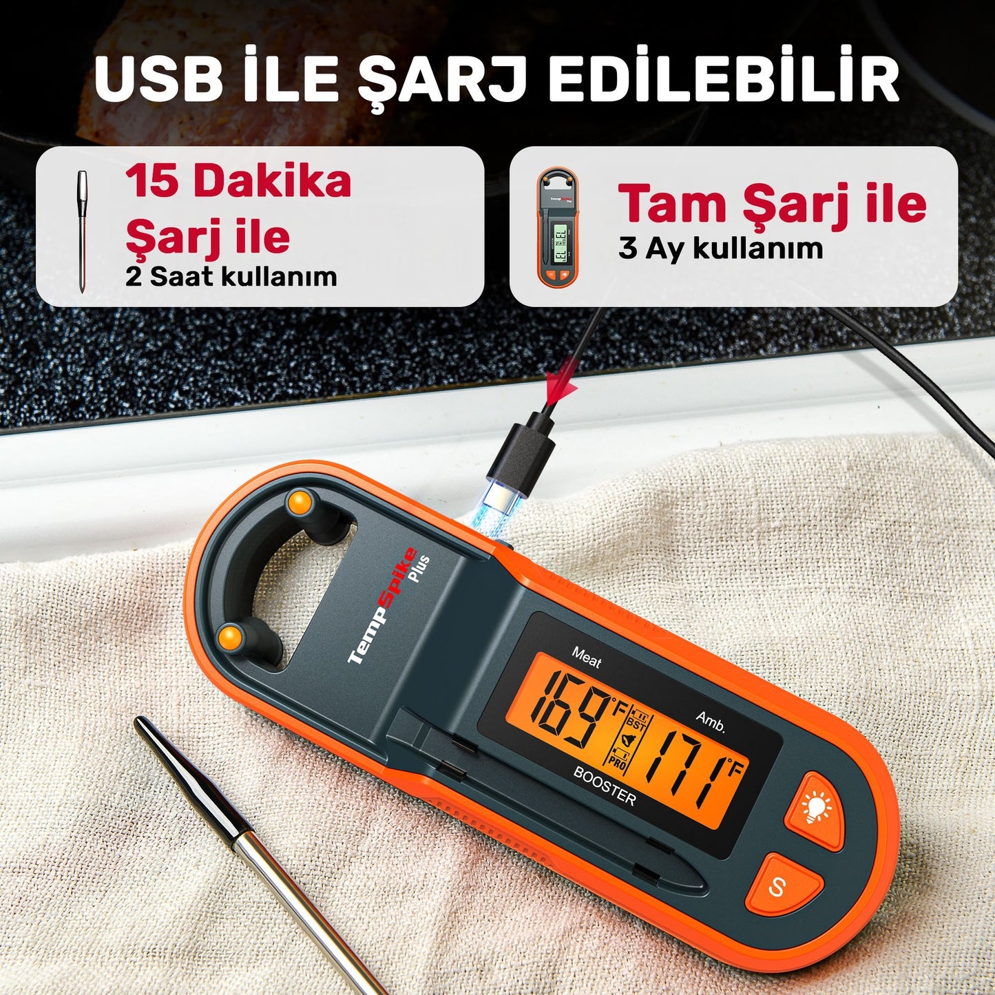 Thermopro TP971 Şarjlı 183m Kablosuz Alarmlı 1Problu Telefon Kontrollü Profesyonel Gıda Termometresi