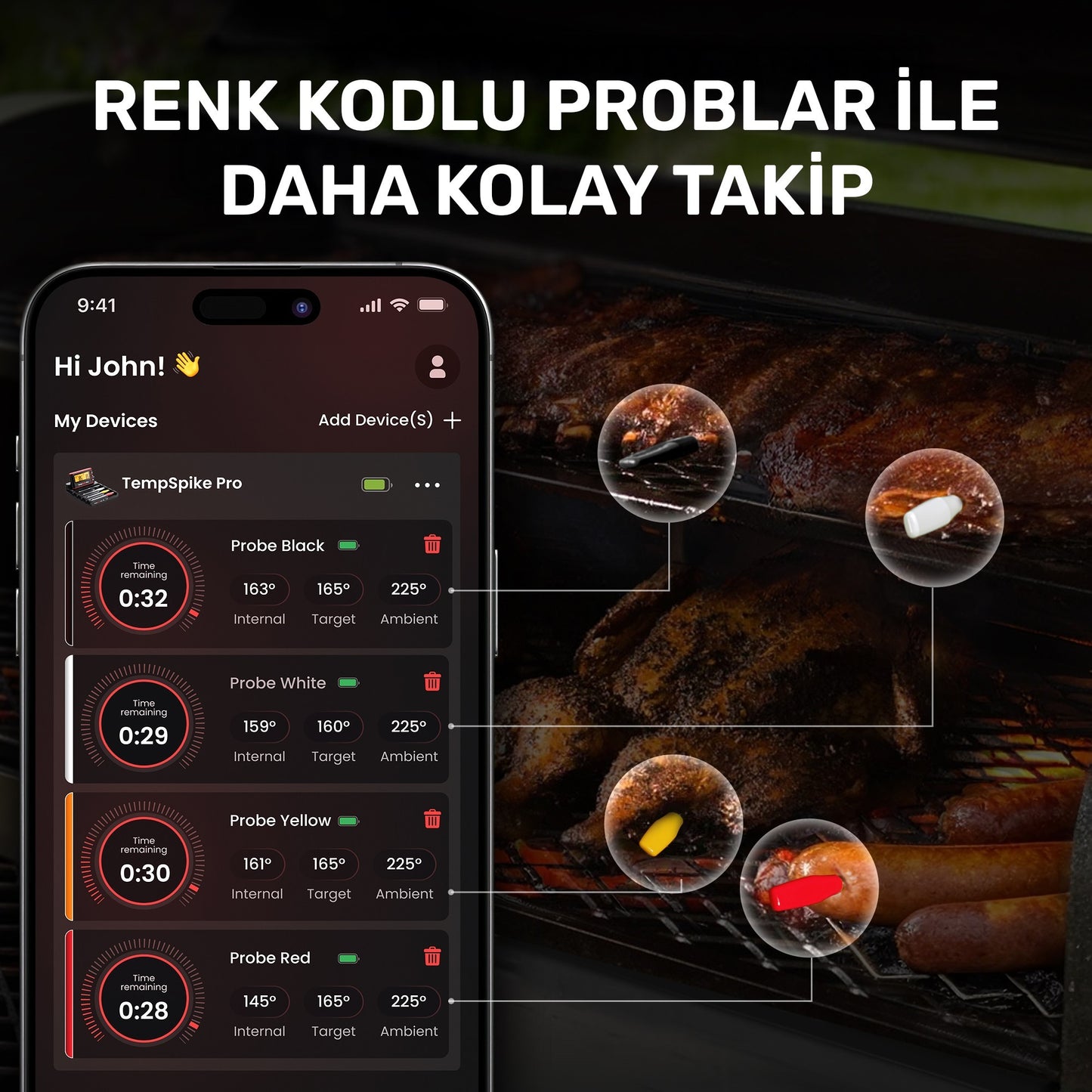 Thermopro TP980-4 Şarjlı 320m Kablosuz Alarmlı 4Problu APP, Monitörlü Profesyonel Gıda Termometresi