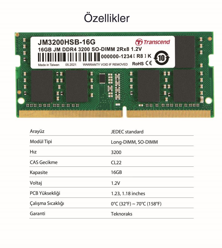 Transcend JM3200HSB-16G 16GB DDR4 3200Mhz CL22 1.2V Notebook Ram