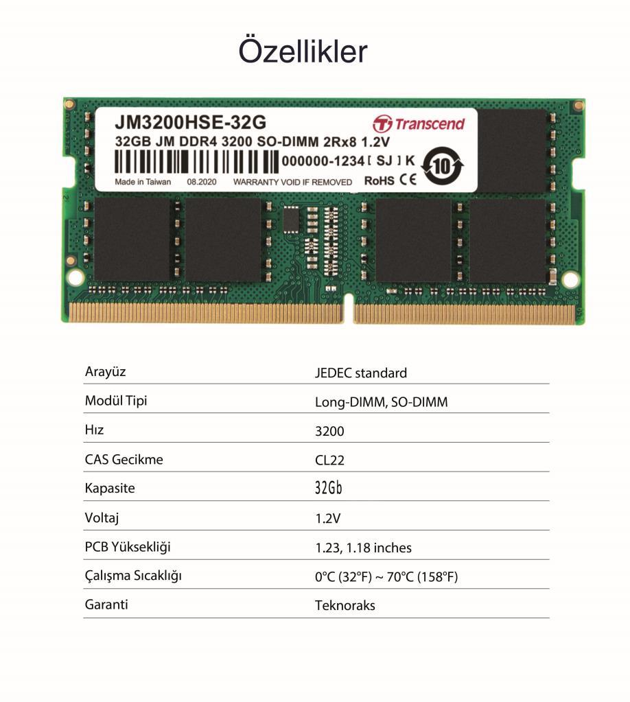 Transcend JM3200HSE-32G 32GB DDR4 3200Mhz CL22 1.2V Notebook Ram