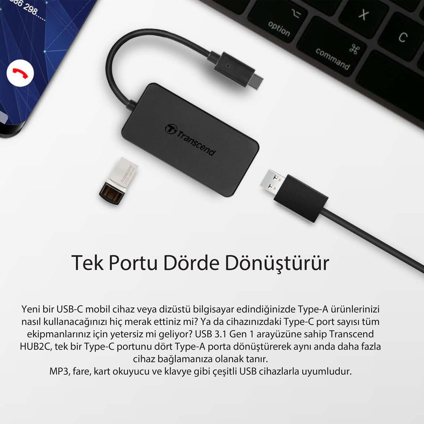 Transcend TS-HUB2C – USB-C Cihazlarınız İçin 4 Portlu USB 3.1 HUB