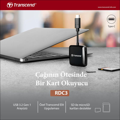 Transcend TS-RDC3 SD/microSD, USB 3.2 Gen 1, Siyah, Type C Kart Okuyucu