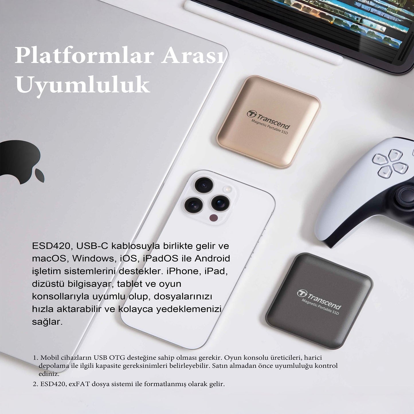 Transcend TS2TESD420G 2TB, USB,Type C, 20Gbps, 2000MB/s Magsafe Taşınabilir Harici SSD - Gold