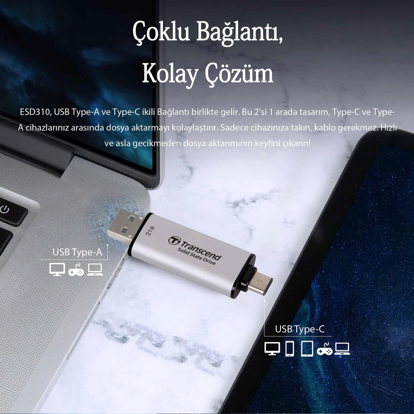 Transcend TS256GESD310C 256GB USB/Type-C 10Gbps Taşınabilir Harici SSD - Siyah OUTLET