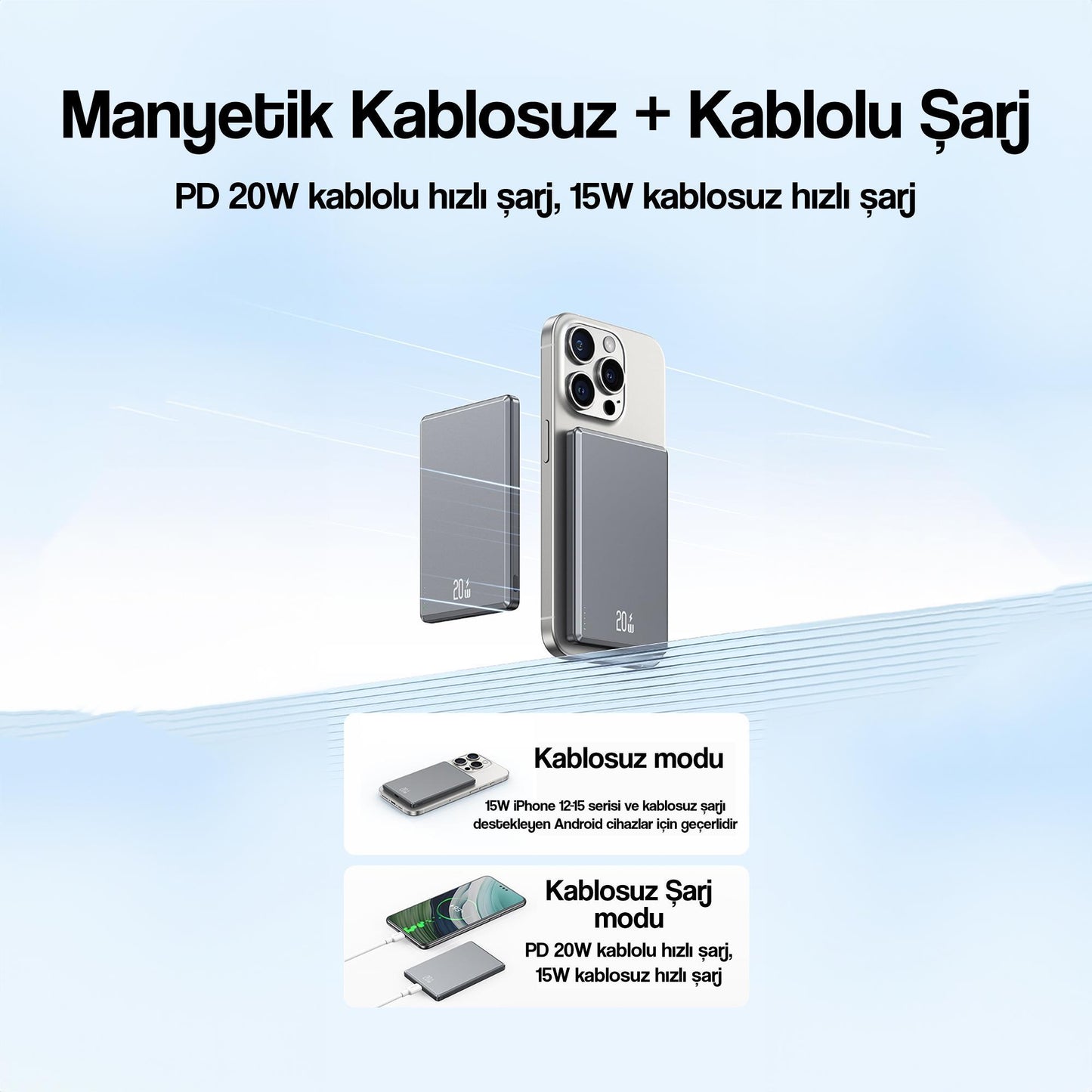 Usams Kablolu Kablosuz Şarj Mıknatıslı MagSafe Ultra Slim Alüminyum 5.000 mAh 20W Powerbank CD220PD