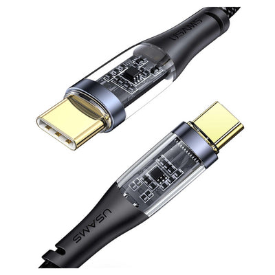 USAMS SJ574 Type-C To Type-C PD 100W Şeffaf Çipli Örgülü Hzılı Şarj ve Data Kablosu Siyah