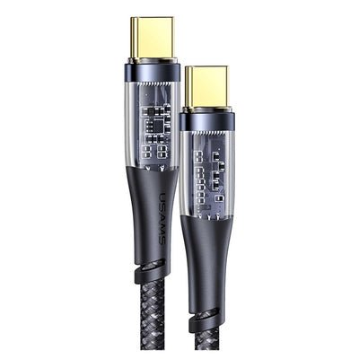 USAMS SJ574 Type-C To Type-C PD 100W Şeffaf Çipli Örgülü Hzılı Şarj ve Data Kablosu Siyah