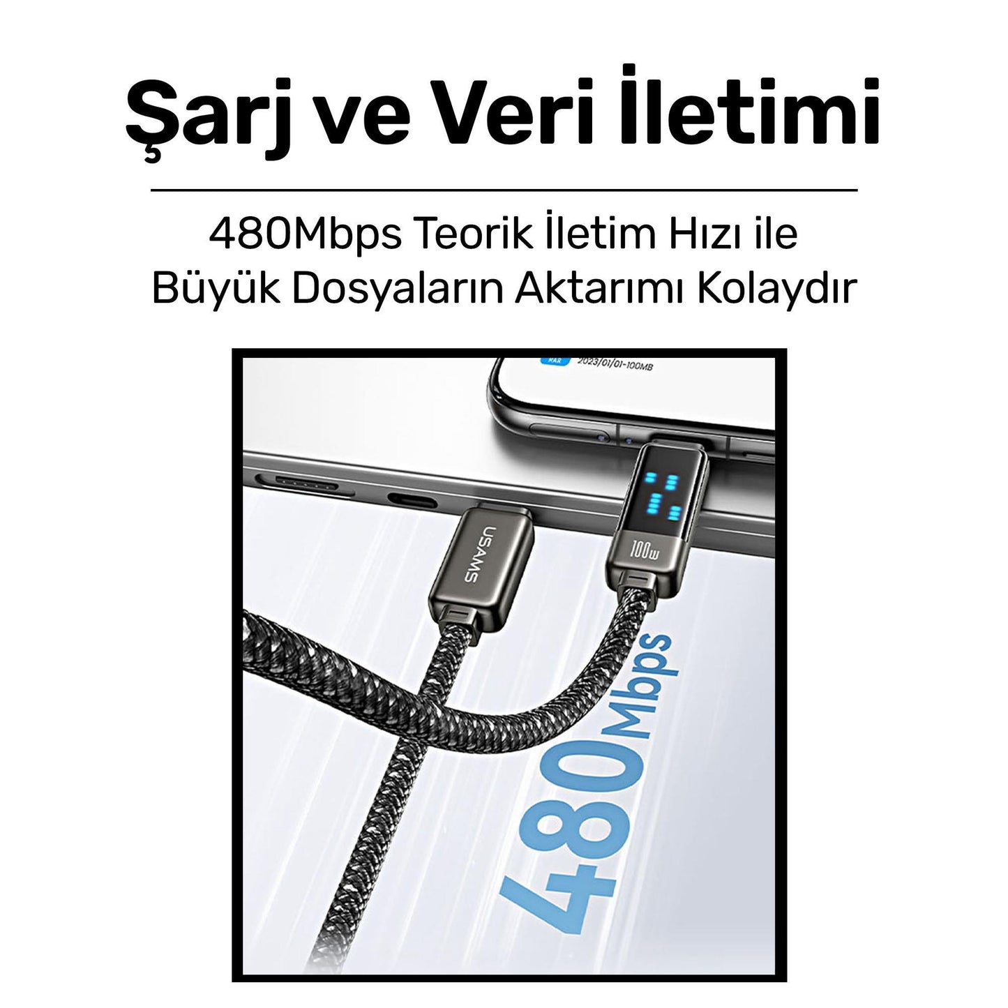 Usams US-SJ744 Type-C To Type-C 100W Meteor Efekt Ekranlı 1.2m Hızlı Şarj ve Data Kablosu Antrasit