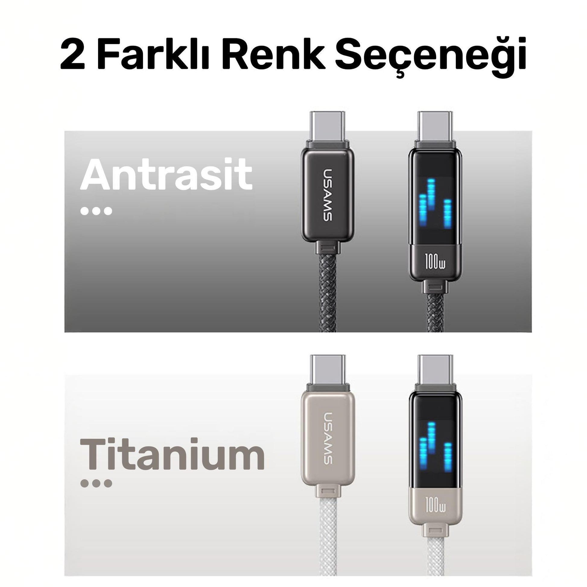 Usams US-SJ744 Type-C To Type-C 100W Meteor Efekt Ekranlı 1.2m Hızlı Şarj ve Data Kablosu Antrasit