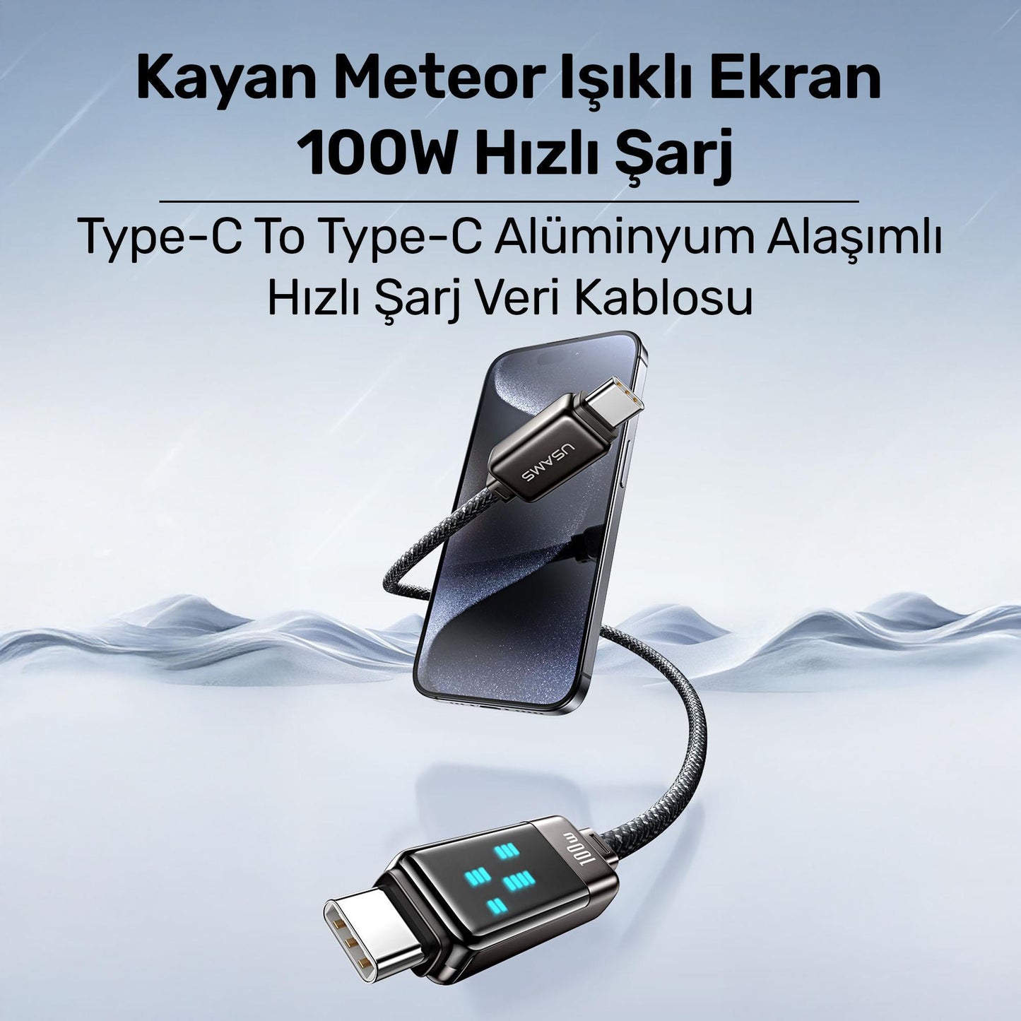 Usams US-SJ744 Type-C To Type-C 100W Meteor Efekt Ekranlı 1.2m Hızlı Şarj ve Data Kablosu Antrasit
