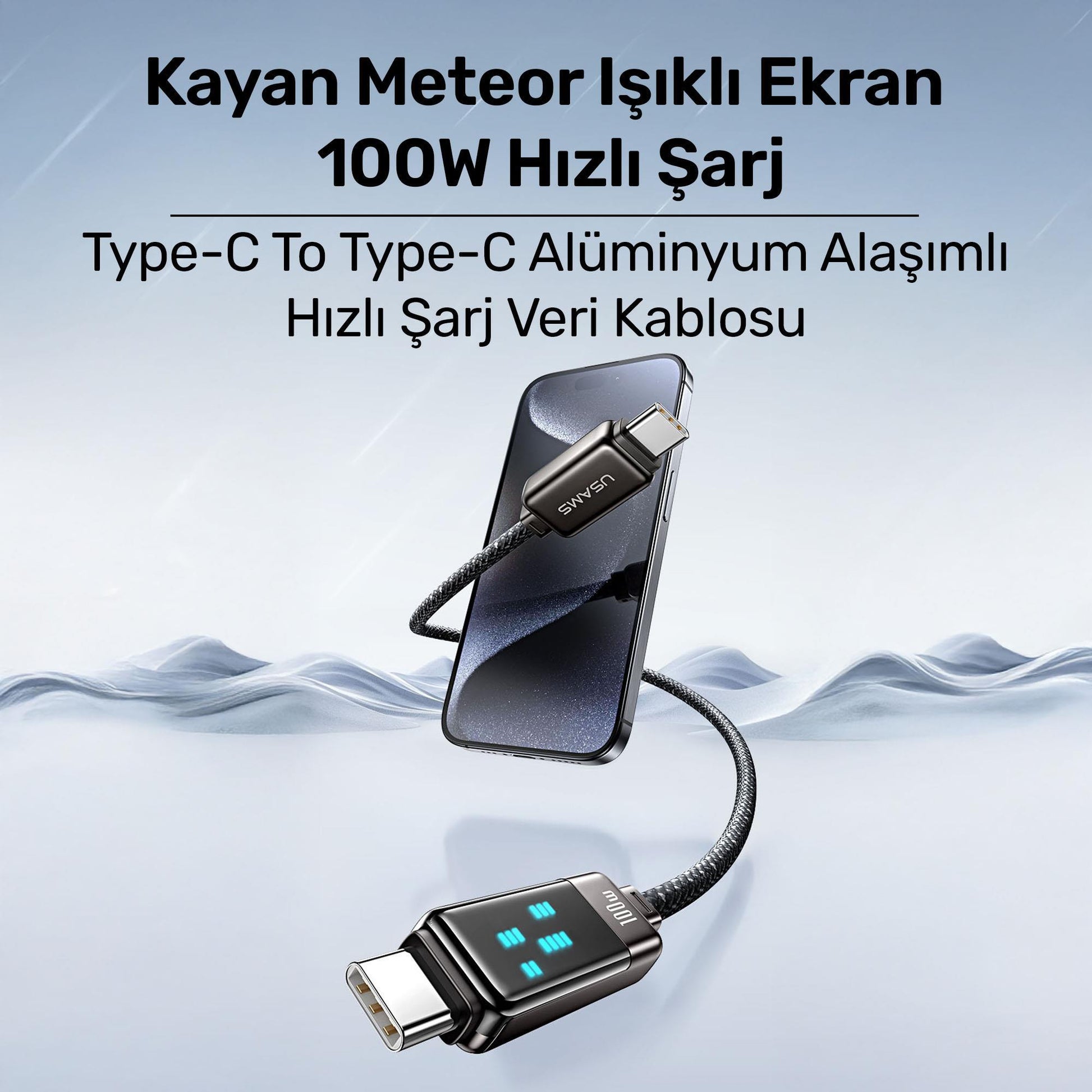 Usams US-SJ744 Type-C To Type-C 100W Meteor Efekt Ekranlı 1.2m Hızlı Şarj ve Data Kablosu Antrasit