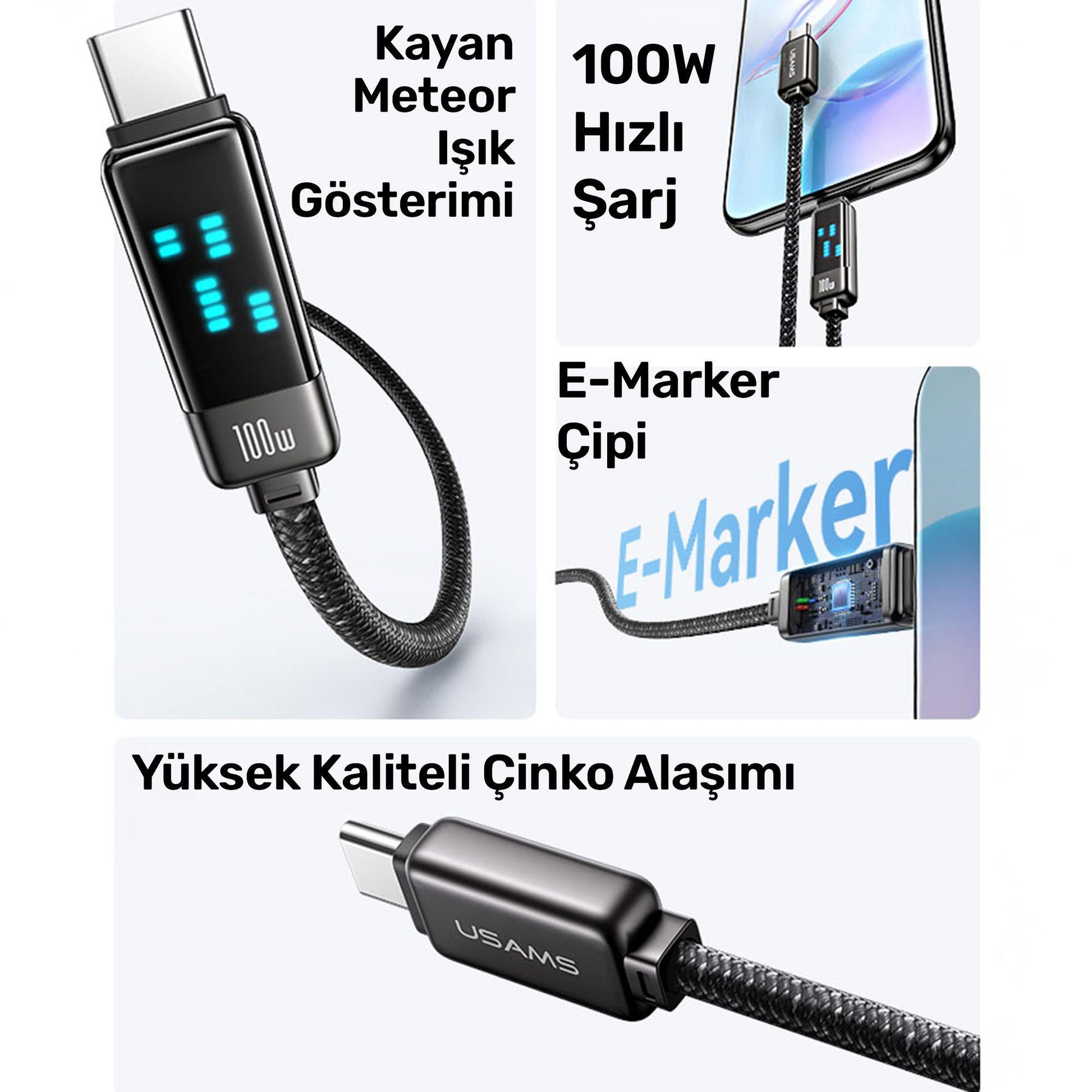 Usams US-SJ744 Type-C To Type-C 100W Meteor Efekt Ekranlı 1.2m Hızlı Şarj ve Data Kablosu Antrasit