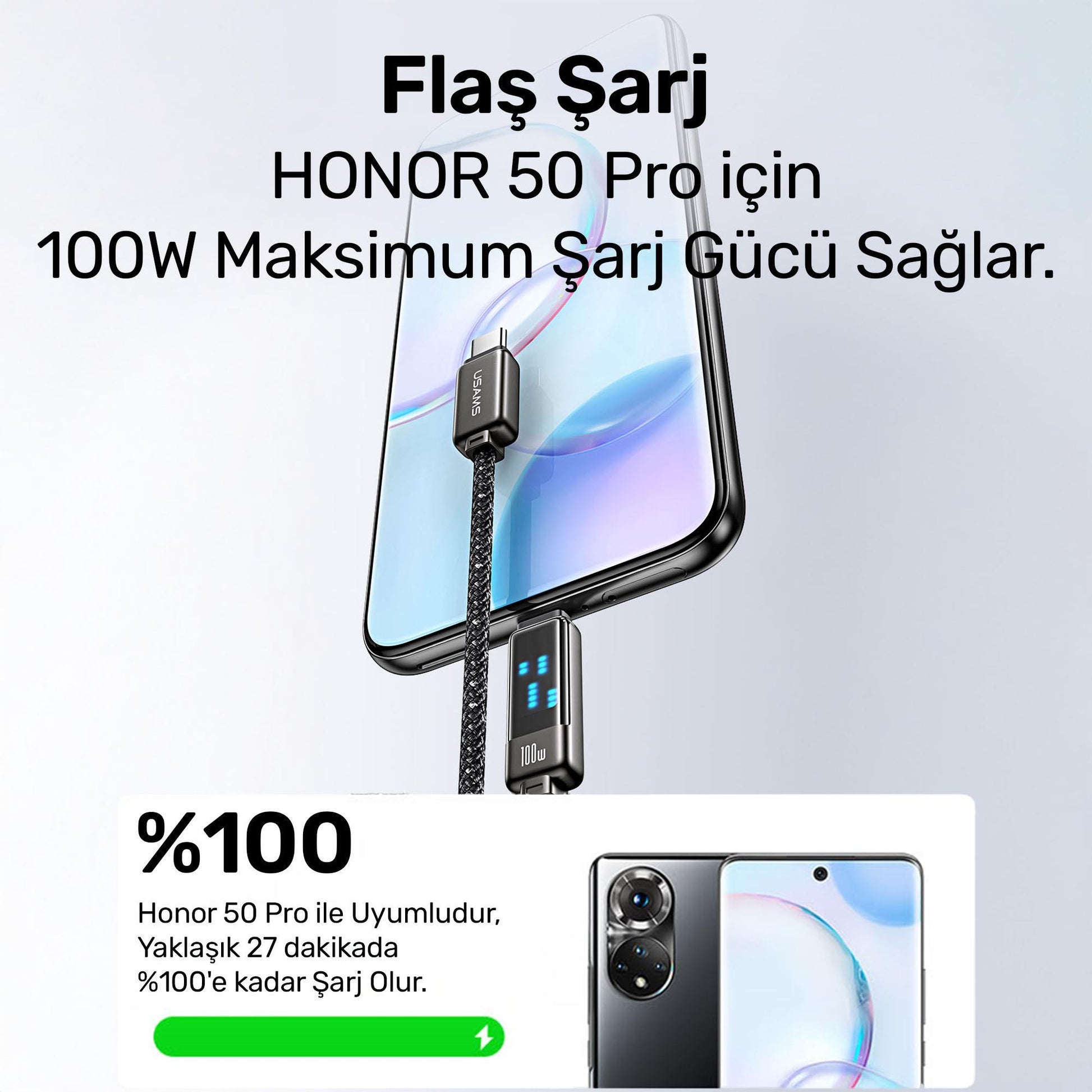 Usams US-SJ744 Type-C To Type-C 100W Meteor Efekt Ekranlı 1.2m Hızlı Şarj ve Data Kablosu Antrasit