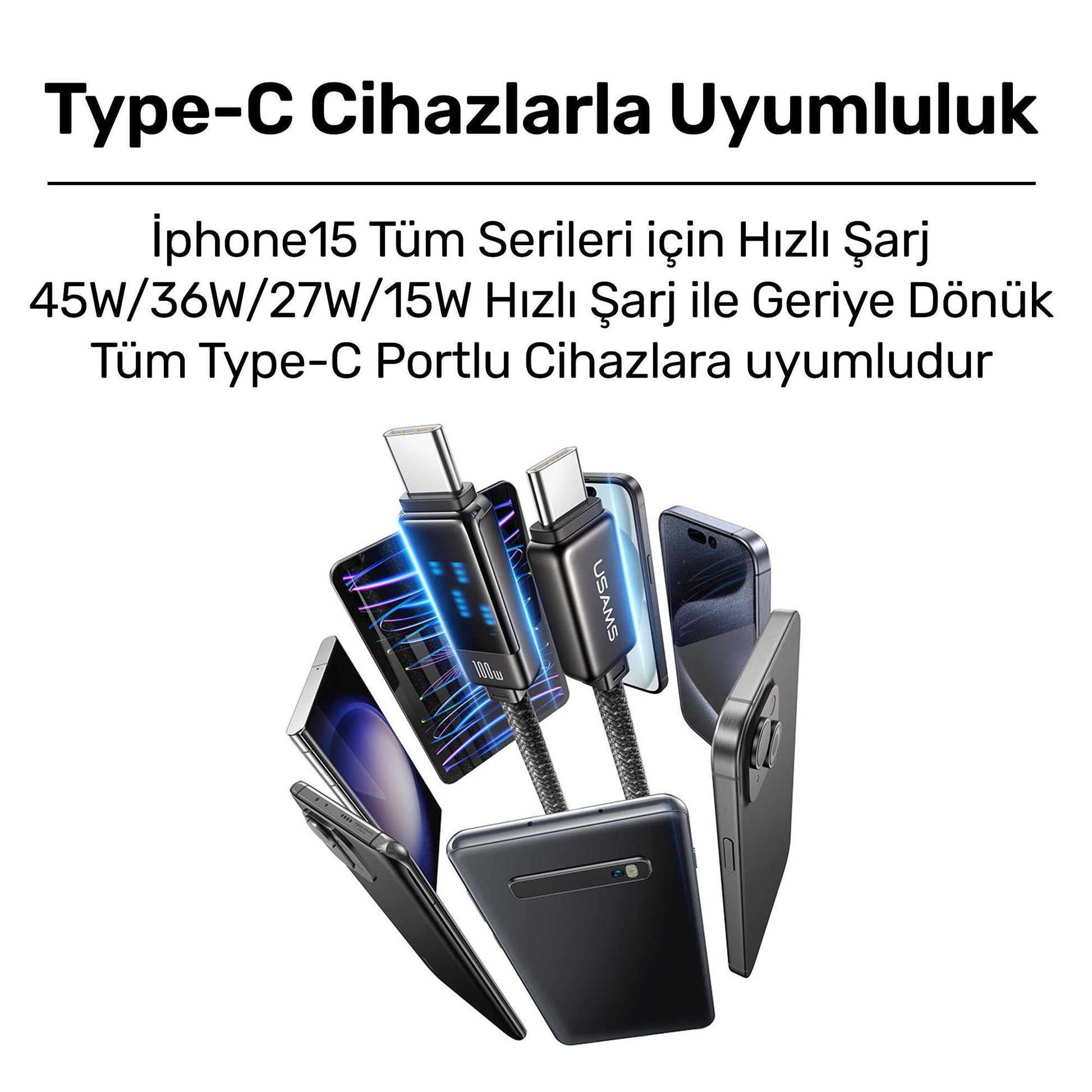Usams US-SJ744 Type-C To Type-C 100W Meteor Efekt Ekranlı 1.2m Hızlı Şarj ve Data Kablosu Antrasit