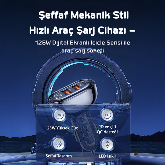 Usams US-CC158 125W (Type-C+USB) Üç Bağlantı Noktalı Hızlı Araç Şarj Soketi-Siyah