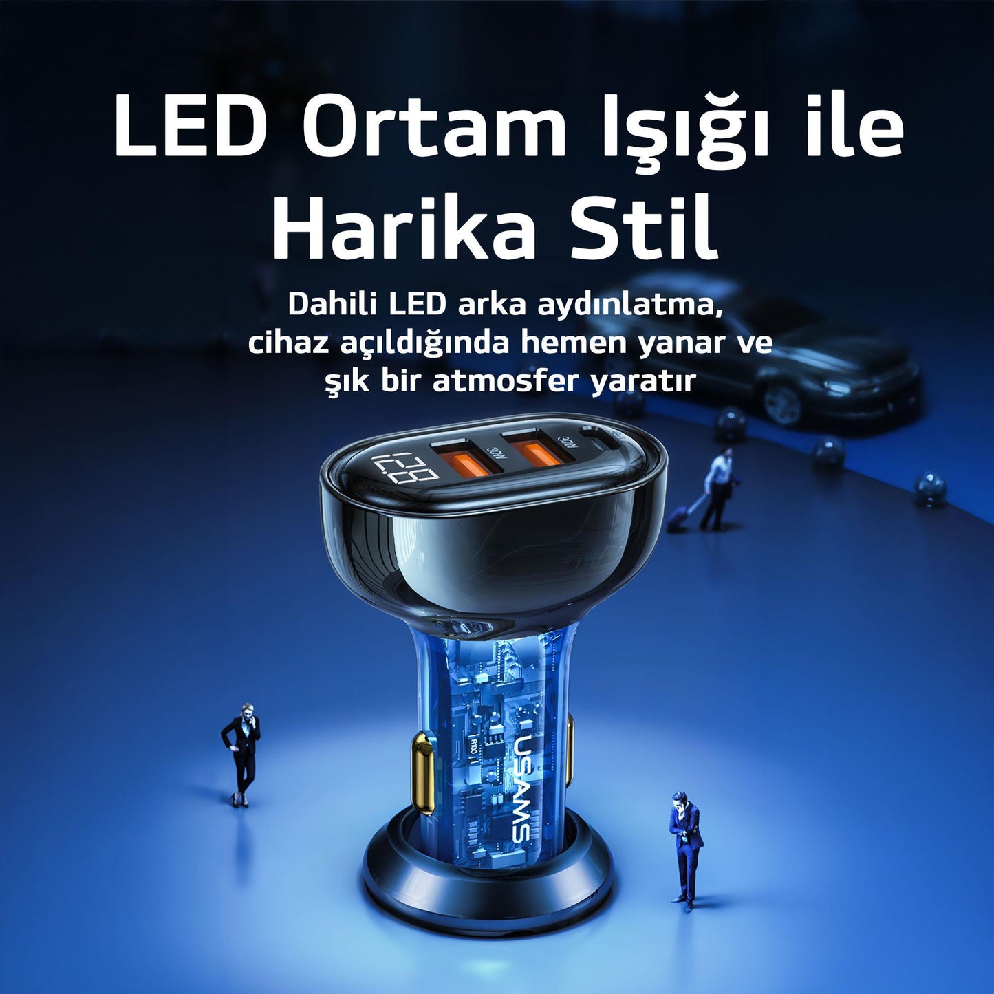 Usams US-CC159 80W (Type-C+USB) Üç Bağlantı Noktalı Hızlı Araç Şarj Soketi-Mavi