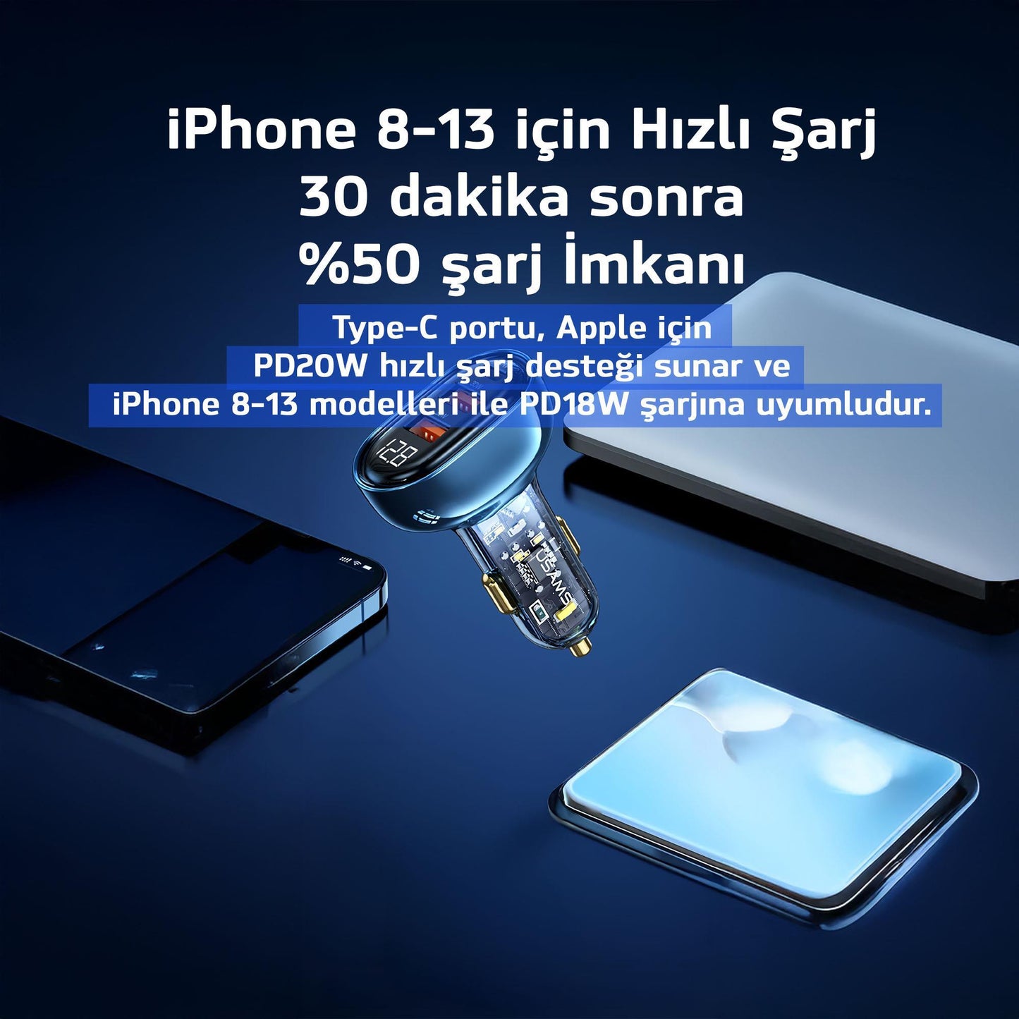 Usams US-CC159 80W (Type-C+USB) Üç Bağlantı Noktalı Hızlı Araç Şarj Soketi-Mavi