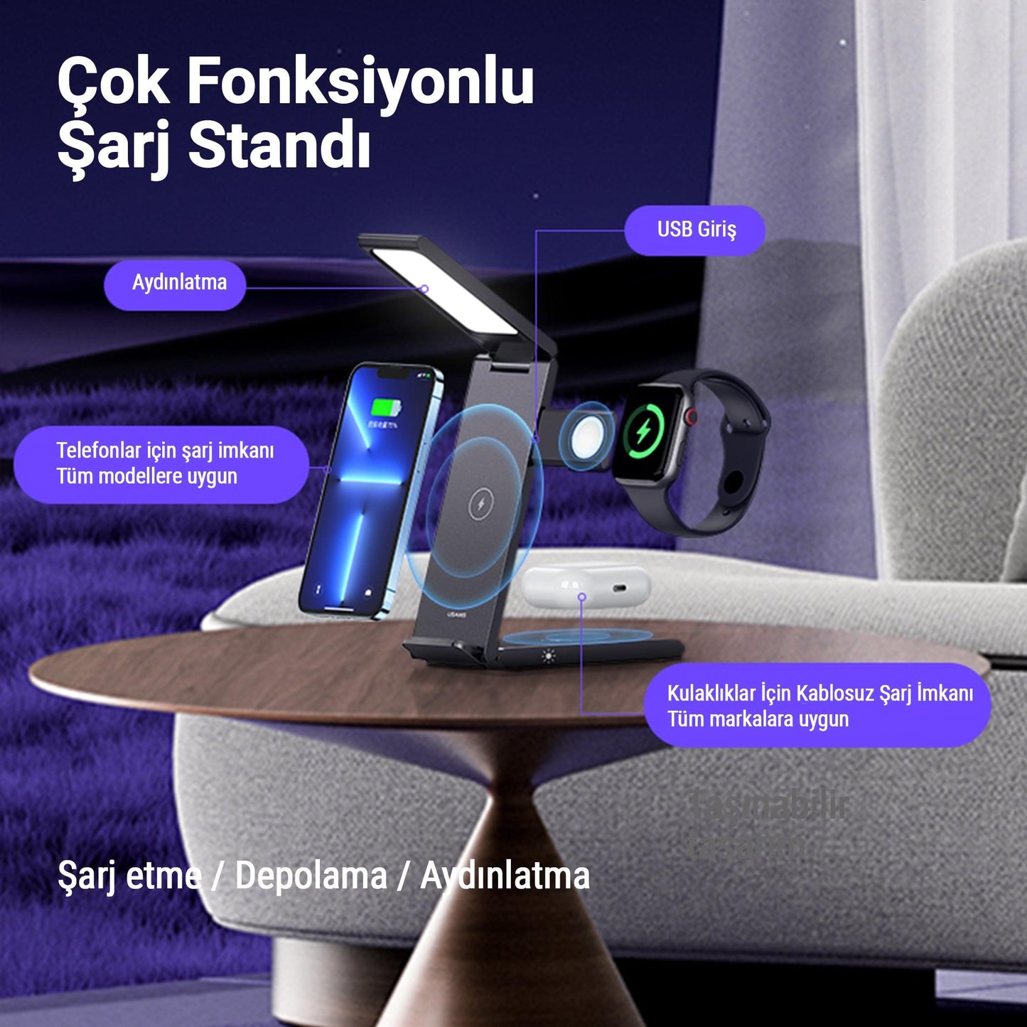 Usams US-CD181 15W 3in1 Arada Masa Lambası Özellikli Katlanabilir Kablosuz Şarj Standı