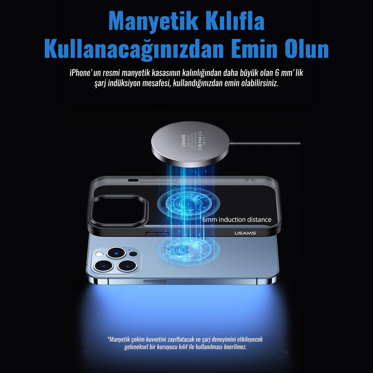 Usams US-CD183 15W TypeC Magsafe, IPhone Manyetik Şeffaf Görünümlü Kablosuz Şarj Cihazı