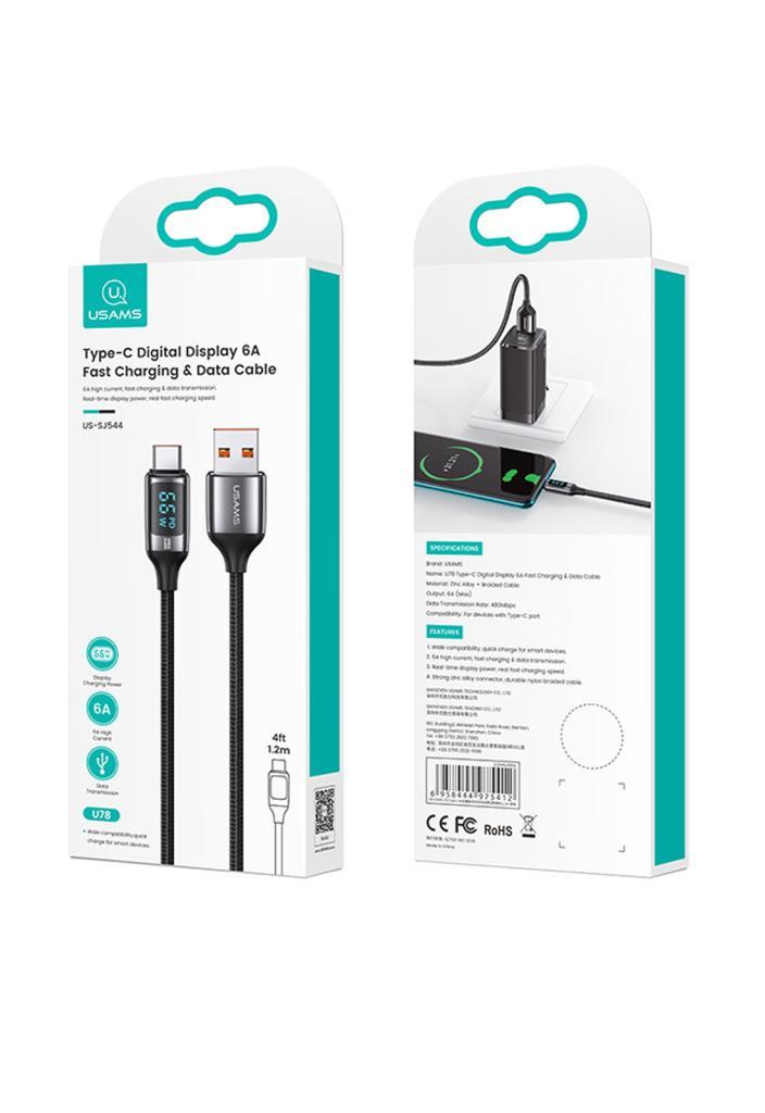 Usams US-SJ544 Dijital Göstergeli,Çipli,Örgülü,1.2m PD 66W USB to Type-C Hızlı Şarj ve Data Kablosu