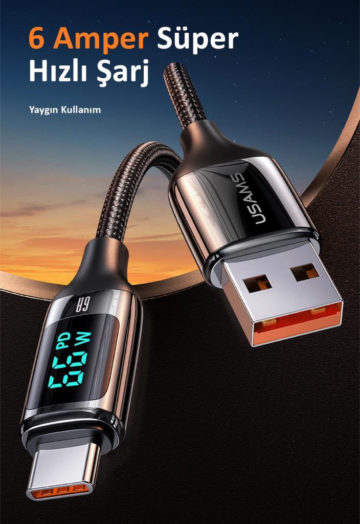 Usams US-SJ544 Dijital Göstergeli,Çipli,Örgülü,1.2m PD 66W USB to Type-C Hızlı Şarj ve Data Kablosu
