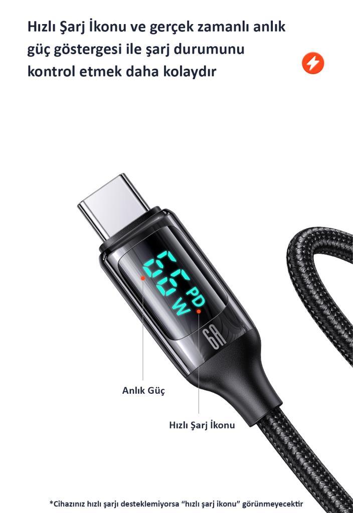 Usams US-SJ544 Dijital Göstergeli,Çipli,Örgülü,1.2m PD 66W USB to Type-C Hızlı Şarj ve Data Kablosu