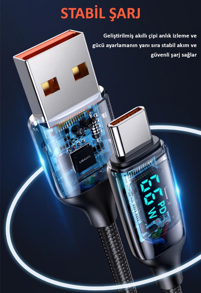 Usams US-SJ544 Dijital Göstergeli,Çipli,Örgülü,1.2m PD 66W USB to Type-C Hızlı Şarj ve Data Kablosu