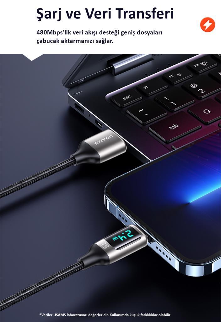 Usams US-SJ544 Dijital Göstergeli,Çipli,Örgülü,1.2m PD 66W USB to Type-C Hızlı Şarj ve Data Kablosu