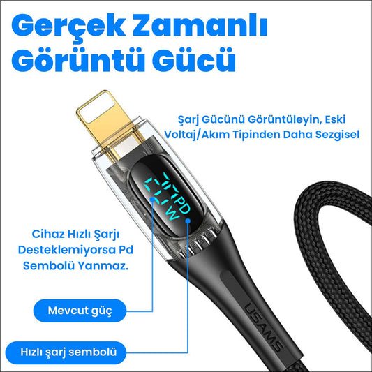 Usams US-SJ588 Dijital Göstergeli 1.2m PD 20W Type-C to Lightning iPhone Hızlı Şarj ve Data Kablosu