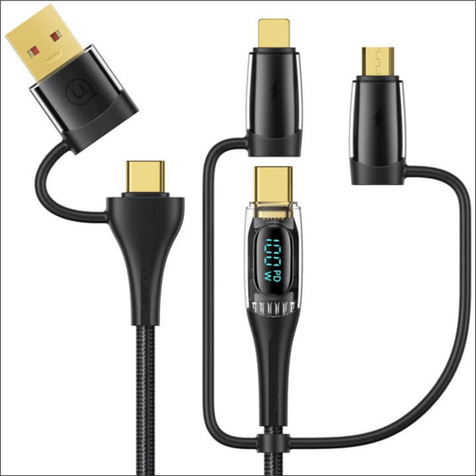 Usams US-SJ616 Type-C+Lightning+MicroUSB,6in1 LCD Göstergeli PD100W Hızlı Şarj ve Data Kablosu-Siyah