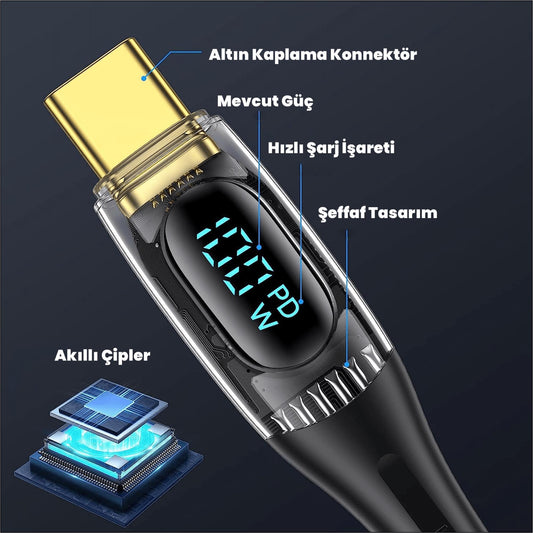 Usams US-SJ616 Type-C+Lightning+MicroUSB,6in1 LCD Göstergeli PD100W Hızlı Şarj ve Data Kablosu-Siyah